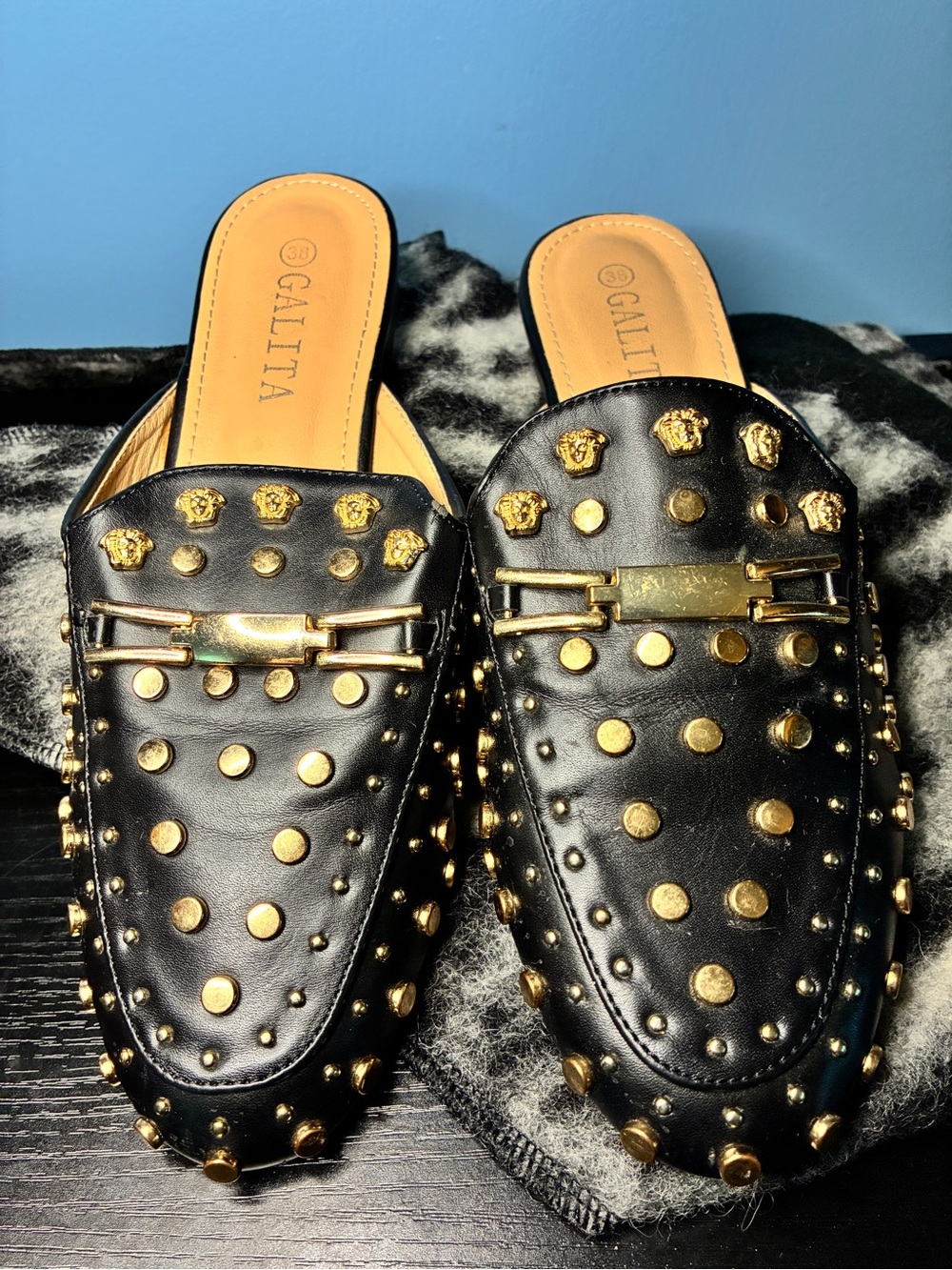 GALITA Black Leather Studded Slip-On Mules with Gold Accents